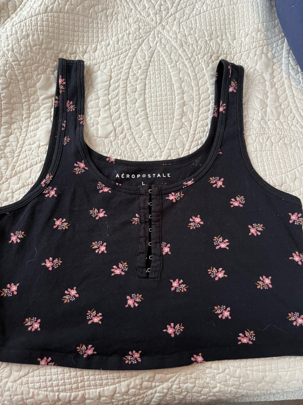 Y2K Aeropostale Black Crop Tank with Pink Floral Print